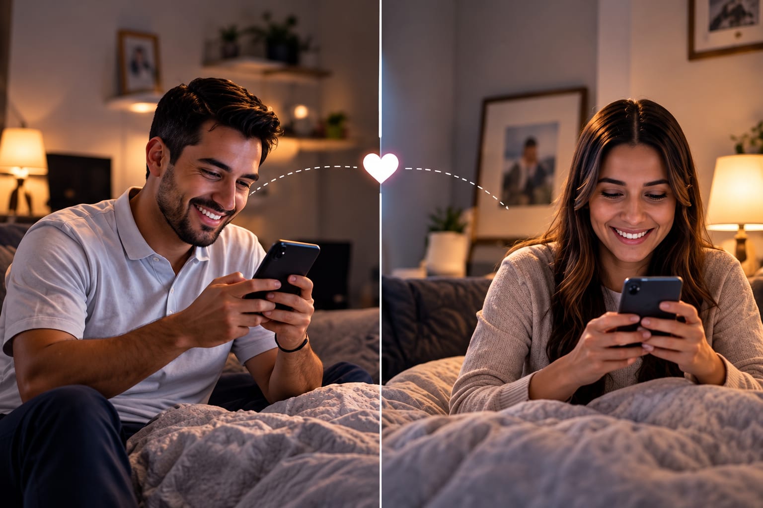 Una pareja se comunica por teléfono desde sus hogares.