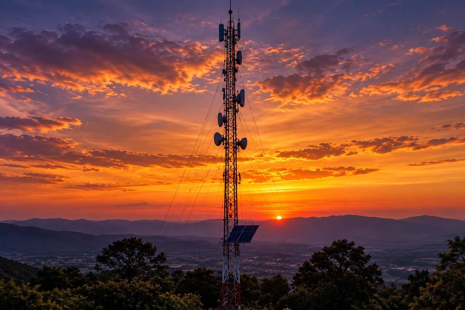 Una torre de telecomunicaciones al atardecer.