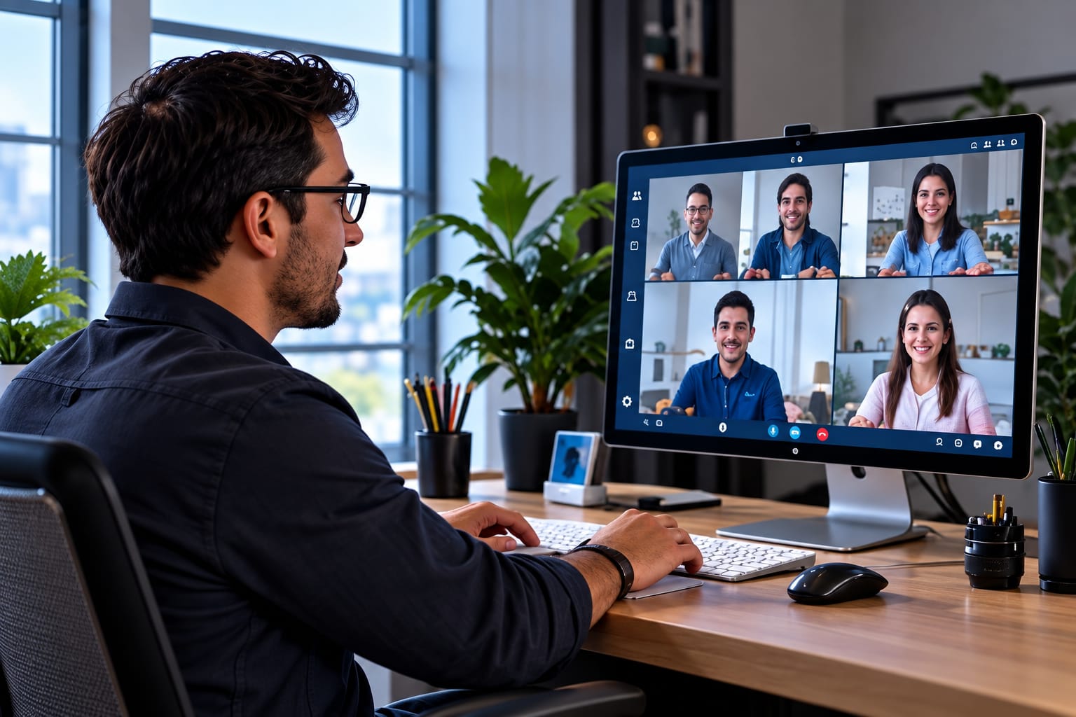 Un hombre participa en una videollamada desde su computadora.