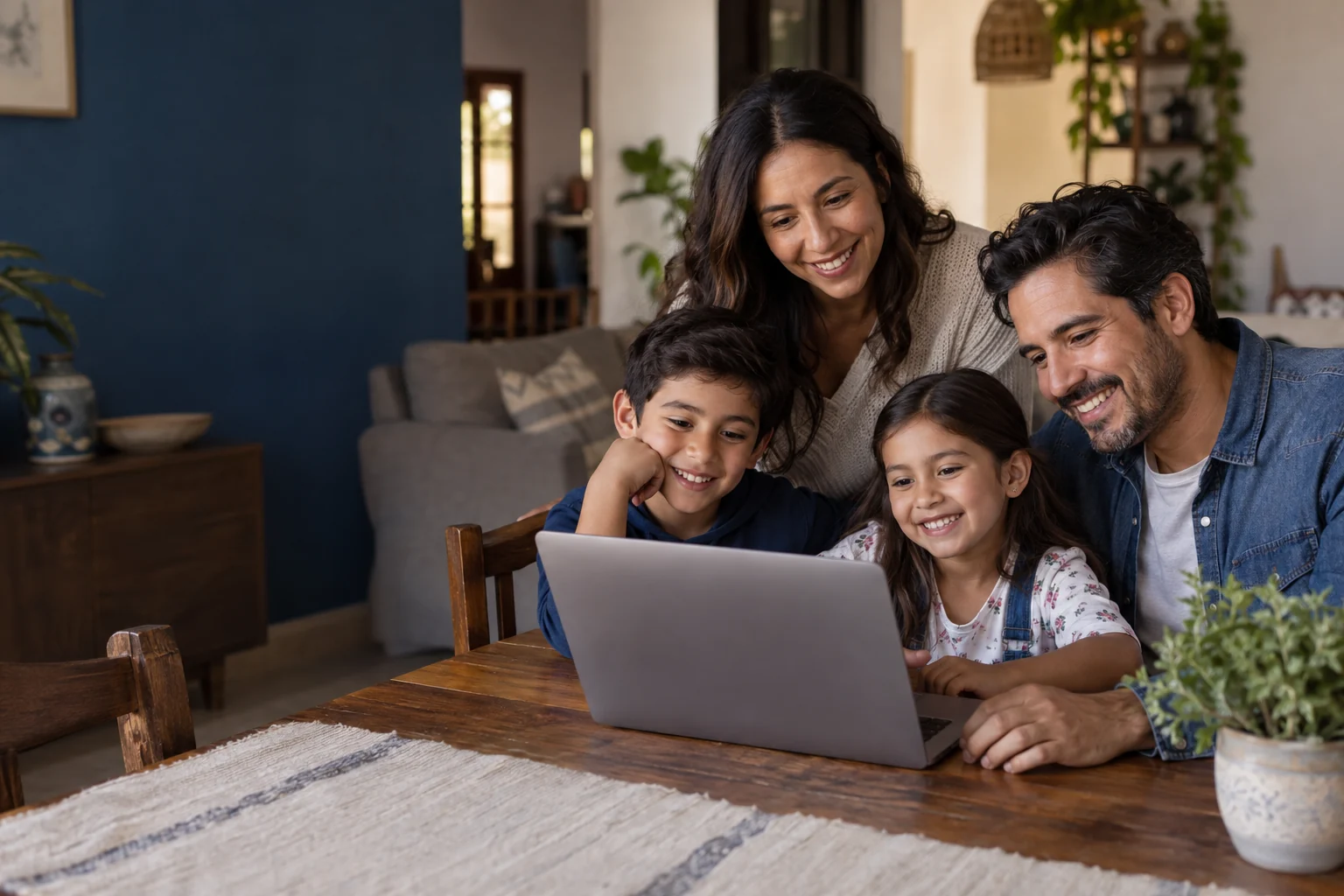 Una familia comparte un momento frente a su computadora en casa